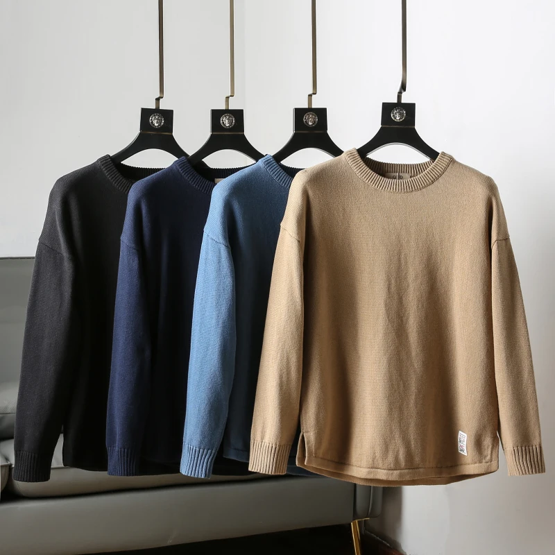 

Autumn Winter New Sle Japanese Simple Men's round Ne Overhead Sweater Individual round Arc Bot Split Knitted irt