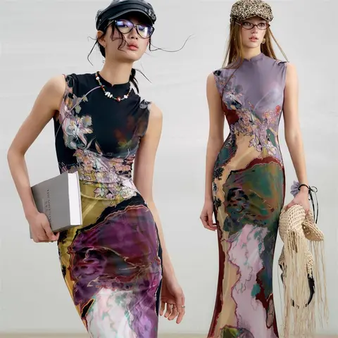 New Chinese Style Reversible Colorblock Qipao Dress Elegant Silhouette For Women Party Wedding Guest Tea Ceremony Date Night