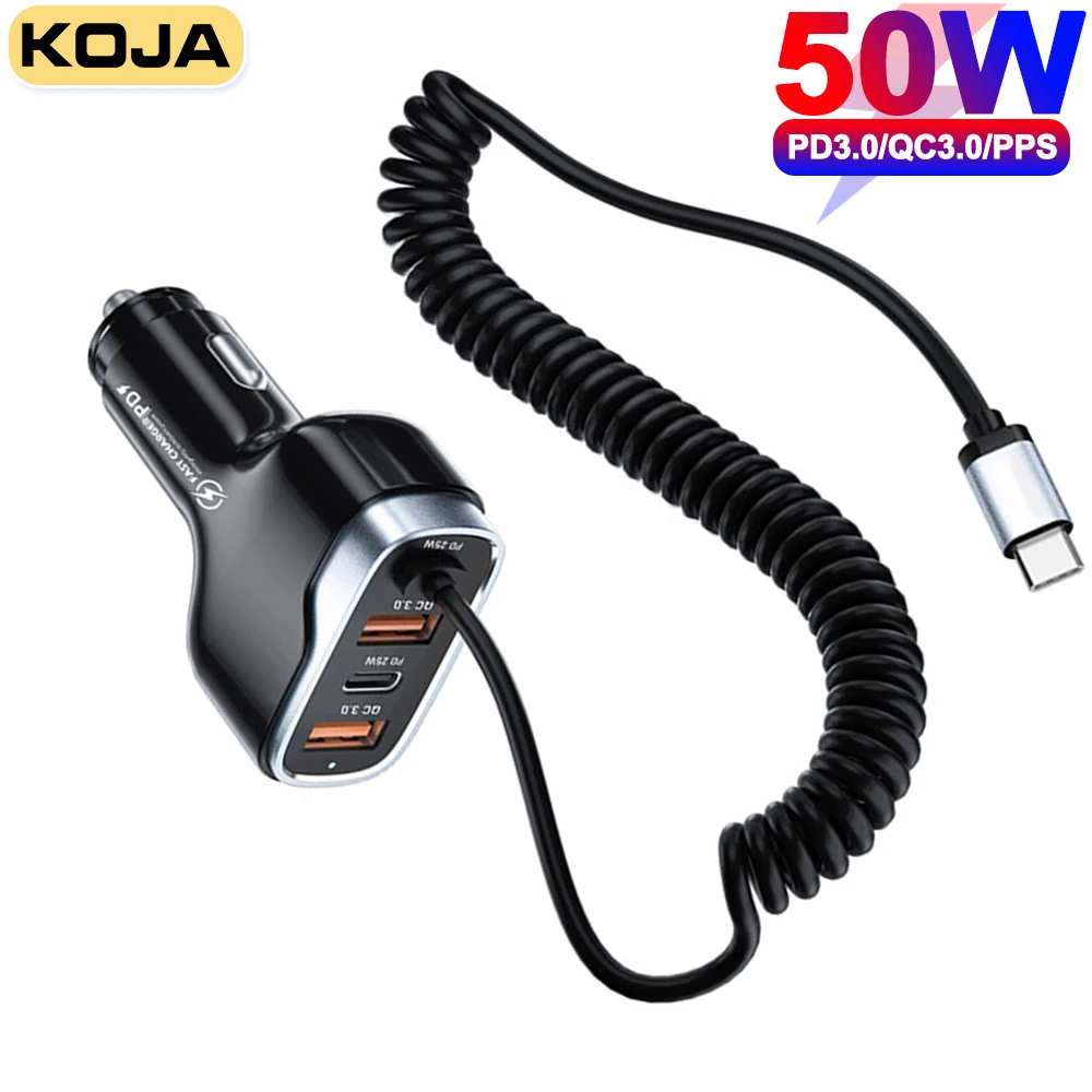 

KOJA 50W Car Charger USB Quick Charge 3.0 PPS PD 20W 18W With Type C Fast Charging Cable For IPhone 14 13 Pro Xiaomi Samsung S21