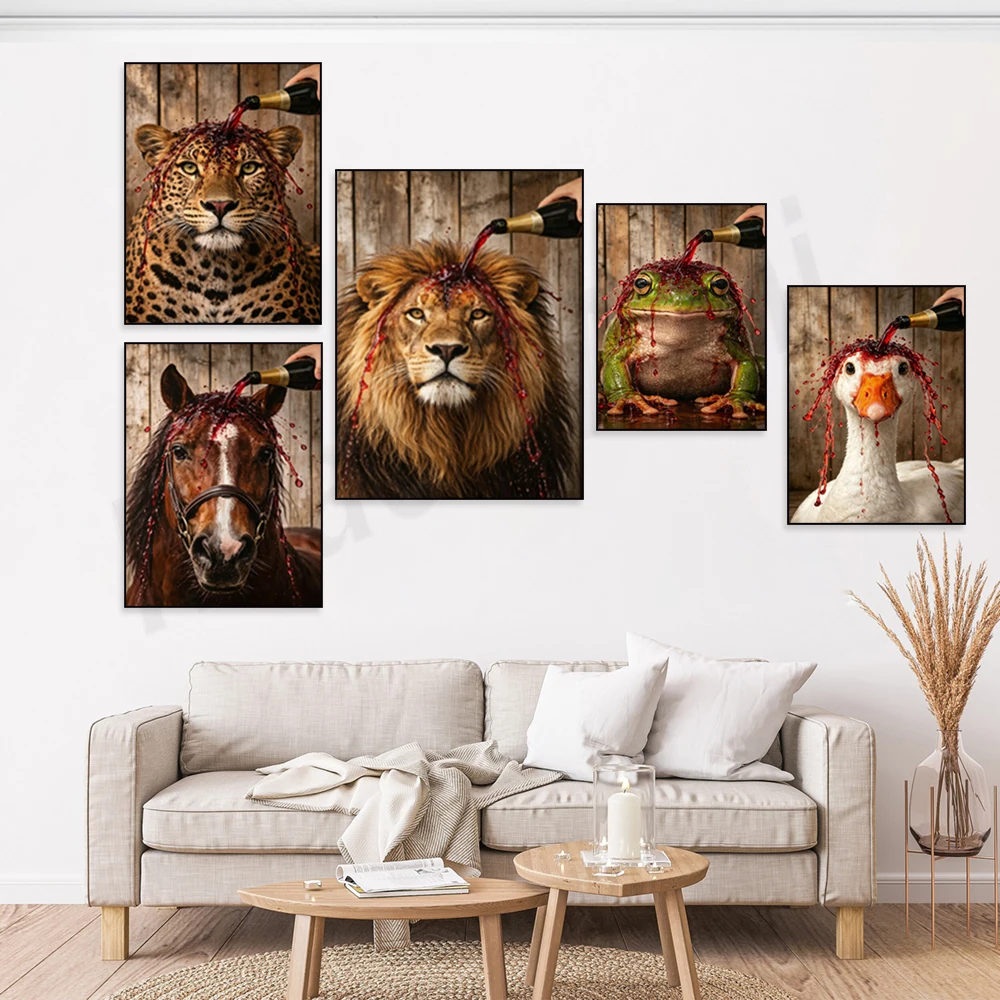 Fun animal canvas prints, whimsical lions, geese, horses, frogs, leopards, and wine splatter prints for decorative posters.