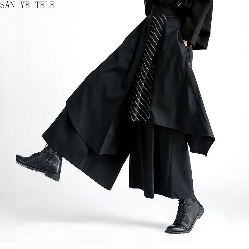 

Men Black Irregular Pants Japanese Style Striped Decoration Leisure Fashion Loose Mixed Wind Kendo Samurai Wide Leg Pants