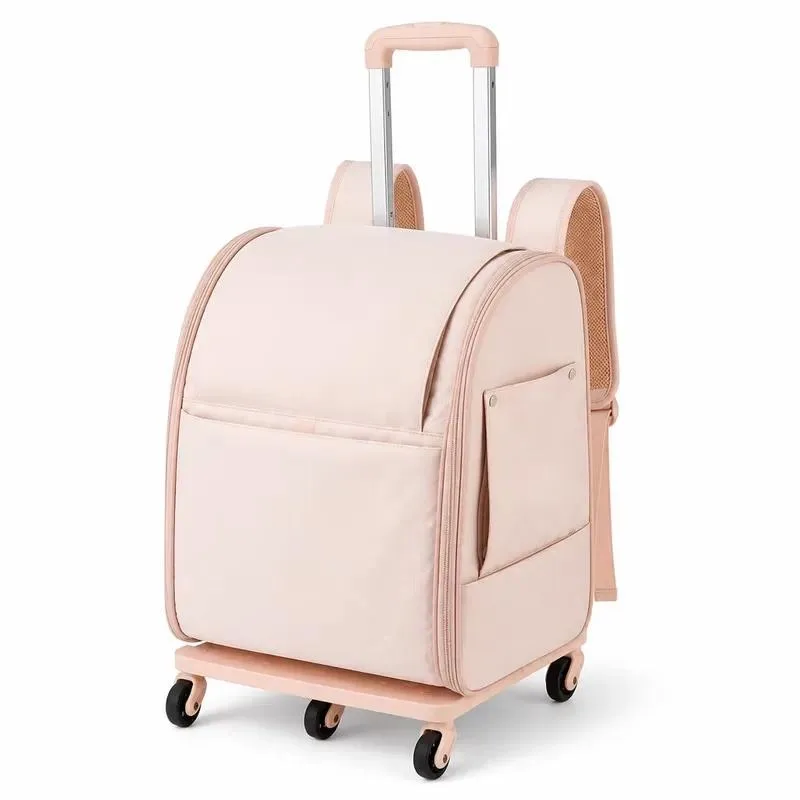 for Korean tie rod type pet backpack with wheels roller cat and dog back bag Oxford cloth ABS base travel pet suitcase can