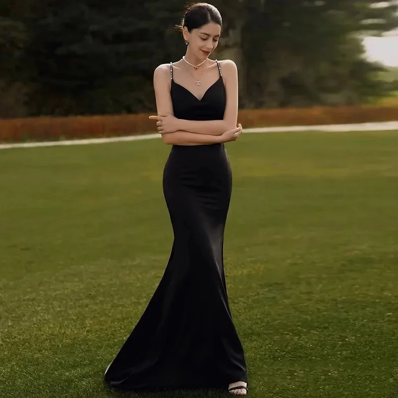 2024 Party Evening Dress Women Sexy Backless Pearl Prom Dresses Luxury Black Sleeveless Trumpet Vestido Bodycon Wedding Vestidos