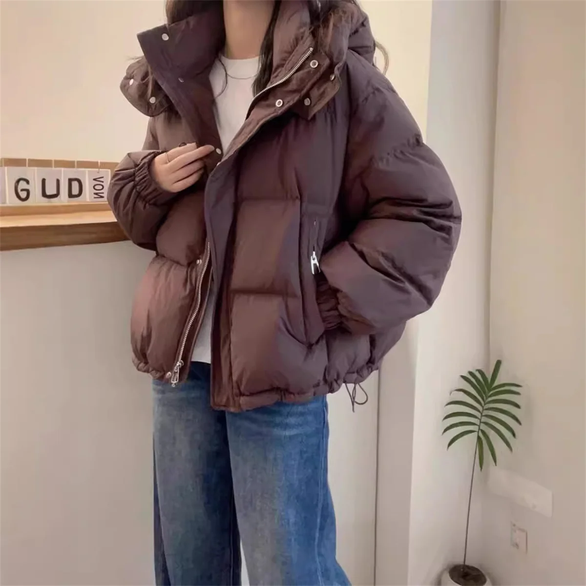 

Korean Warm Parkas Hooded Winter Oversize Coat Thick Loose Puffer Jacket Female Long Sleeve Solid Fashion Zipper Outwear