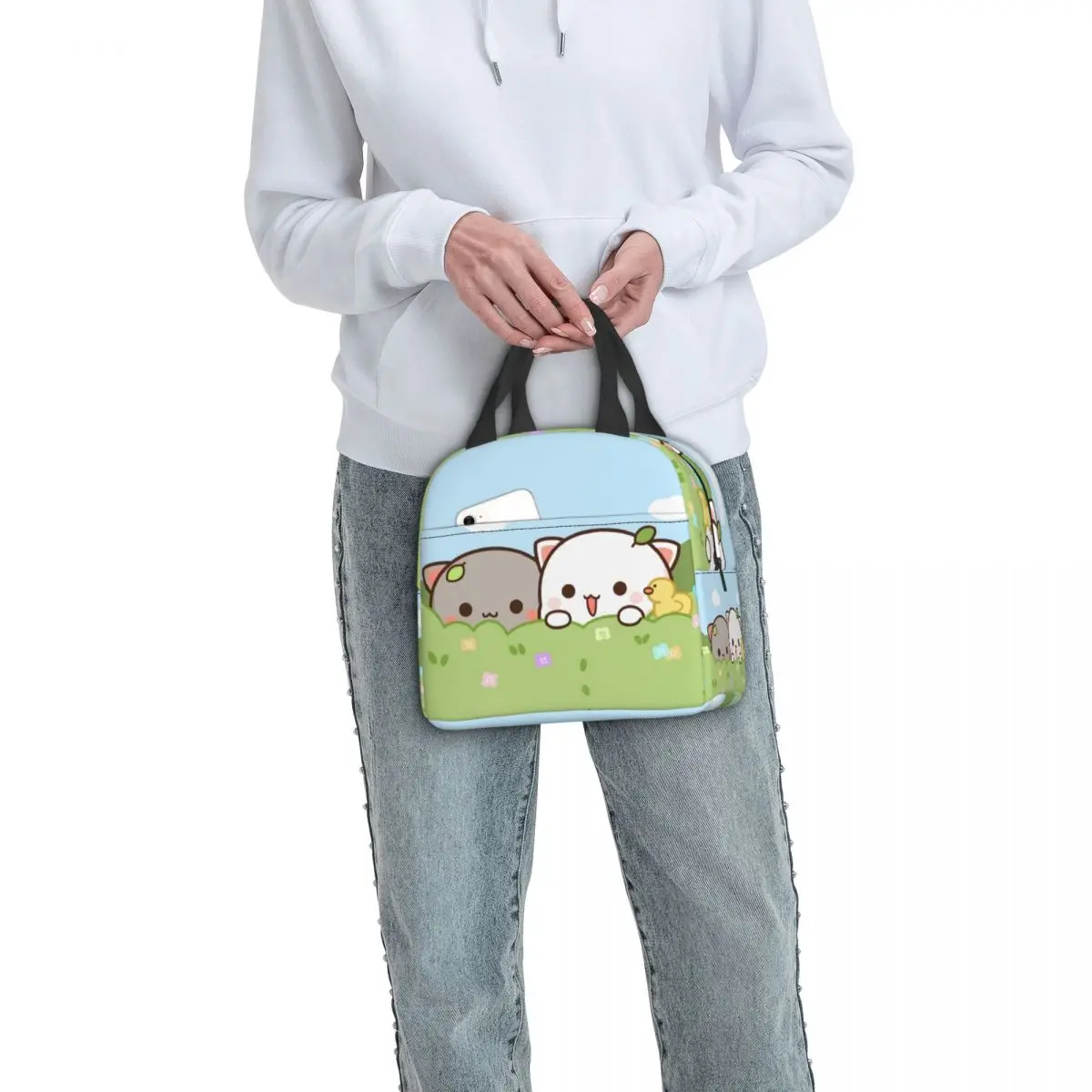 Peach And Goma Insulated Lunch Bags for Work School Picnic Cartoon Mochi Cat Leakproof Cooler Thermal Lunch Box Women Kids