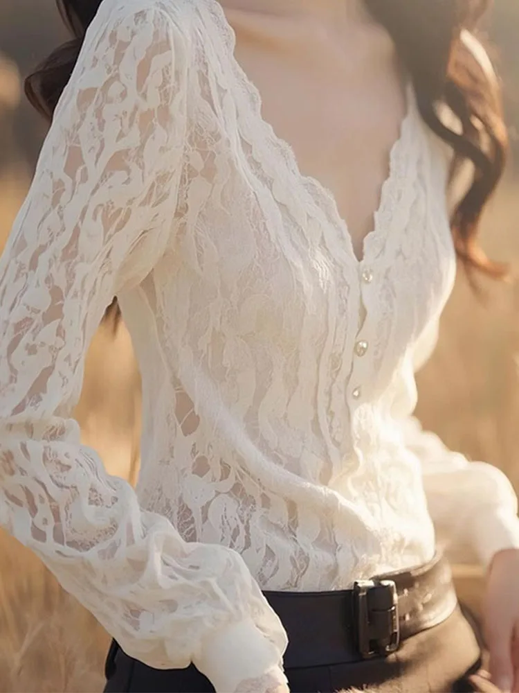 

Элегантная женская рубашка с кружевной вышивкой и длинными рукавами, весенне-осенняя, модная, в корейском стиле, приталенная, для офиса