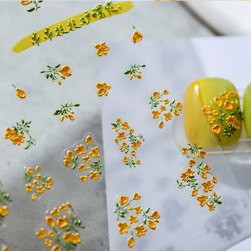 Yellow Winter Jasmine 5D Soft Reliefs Self Adhesive Nail Art Decorations Stickers 3D Flowers Nail Decals Wholesale Dropshipping