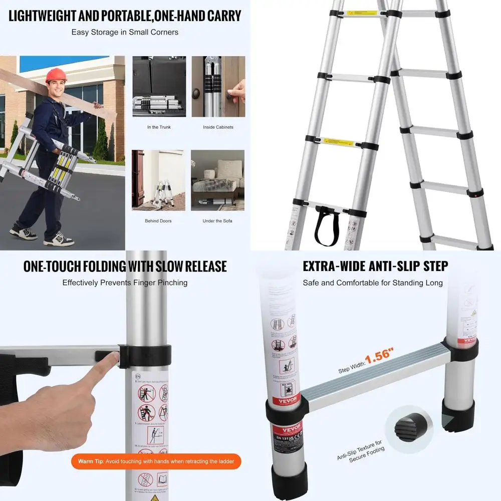 

12.5FT A-Frame Aluminum Extension Ladder, Lightweight Collapsible with 375 lbs Load Capacity and Stabilizer for RV/Camper Use
