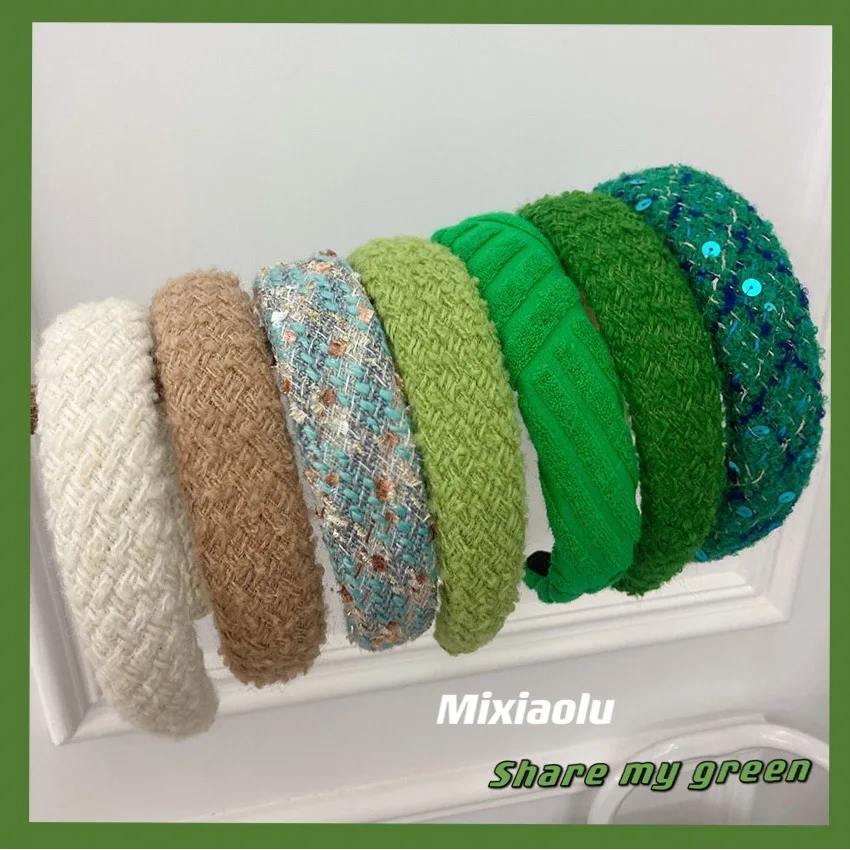 Green-style French small fragrant wind coarse woolen wide headband sponge headband retro Korean version of   hair accessories