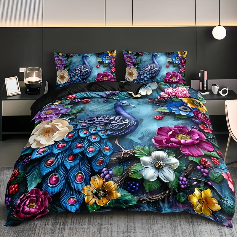 

Peacock Floral Duvet Cover Set Breathable All-Season Animal Print Machine Washable with 2 Pillowcases for Home Dorm Decor