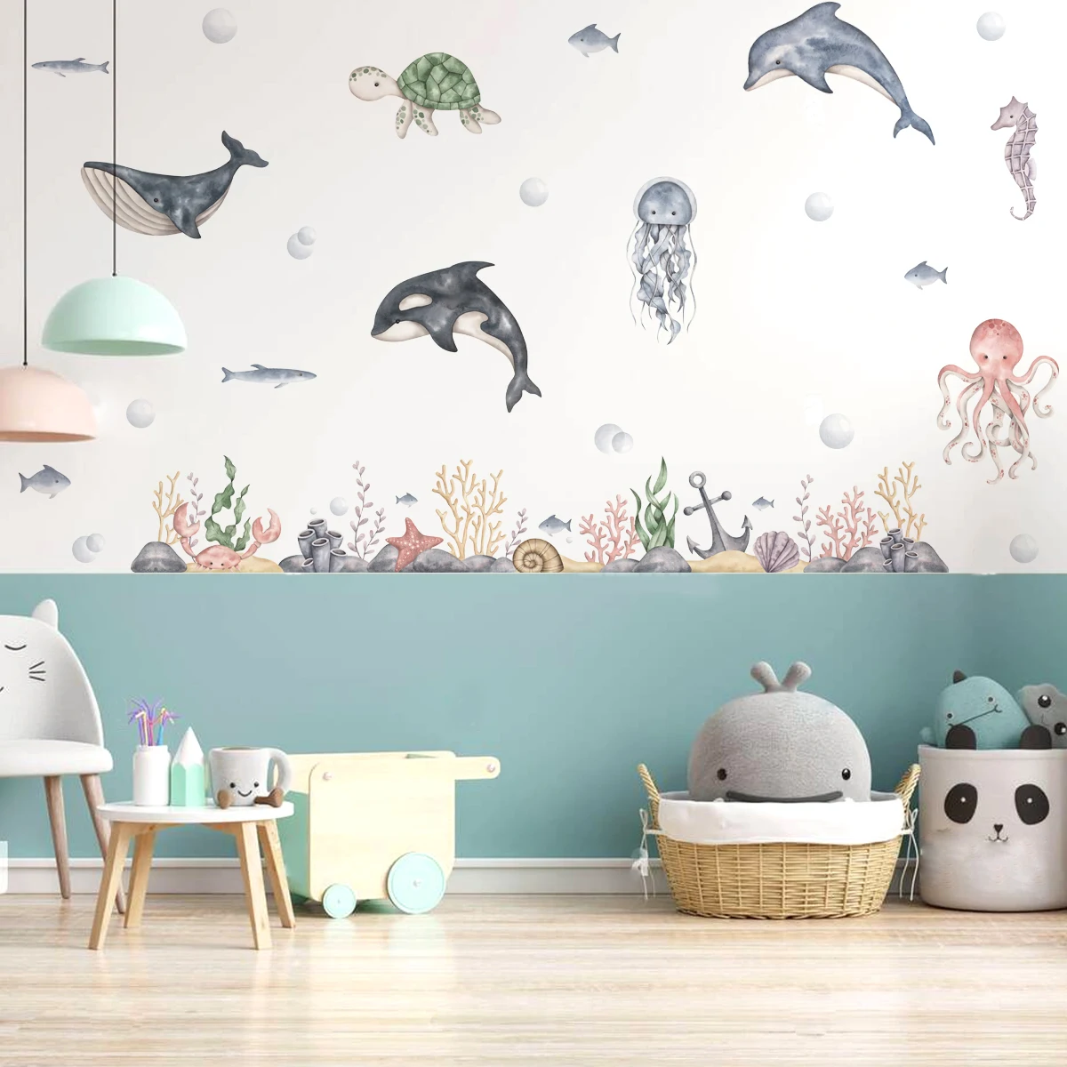 

Cartoon Seabed Word whale Jellyfish Coral Watercolor Wall Sticker Child Room Tub Bathroom Waterproof Decal Kids Room Home Decor