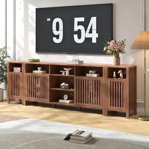 Farmhouse Brown TV Stand with Grille Doors, 7 Open Storage Compartments, 96