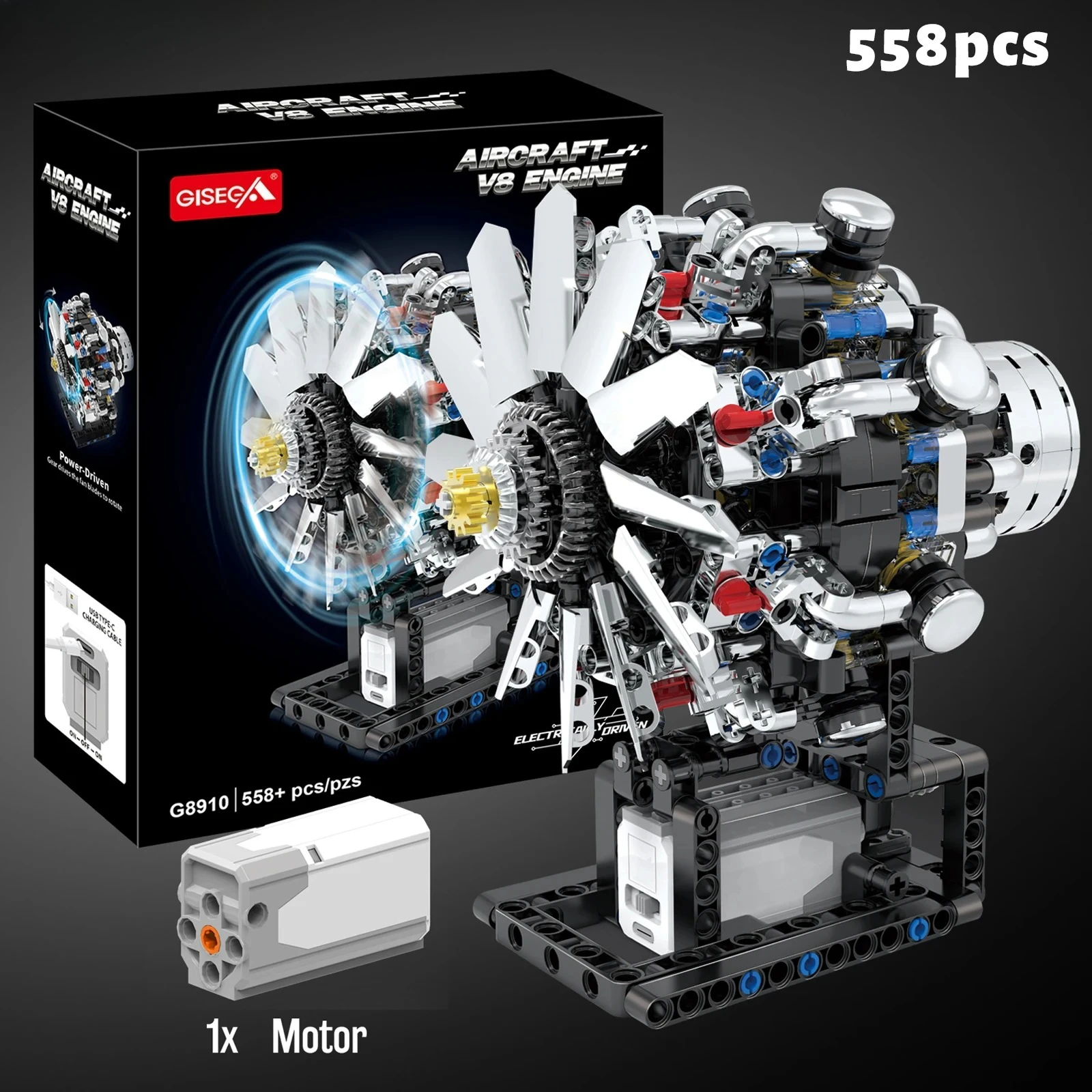 Conjunto de blocos de construção de motor de aeronave v8, 558 peças, modelo de simulação acionada por motor, brinquedo educacional de haste, presente de ornamento de mesa diy