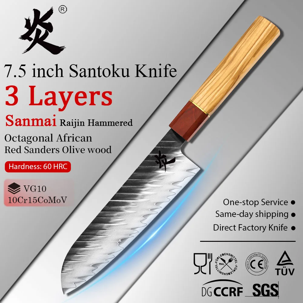 YAN 3 Layers Sanmai Damascus Steel VG10 Raijin Hammered Paring Knife Octagonal African Red Sanders and Olive Wood Handle