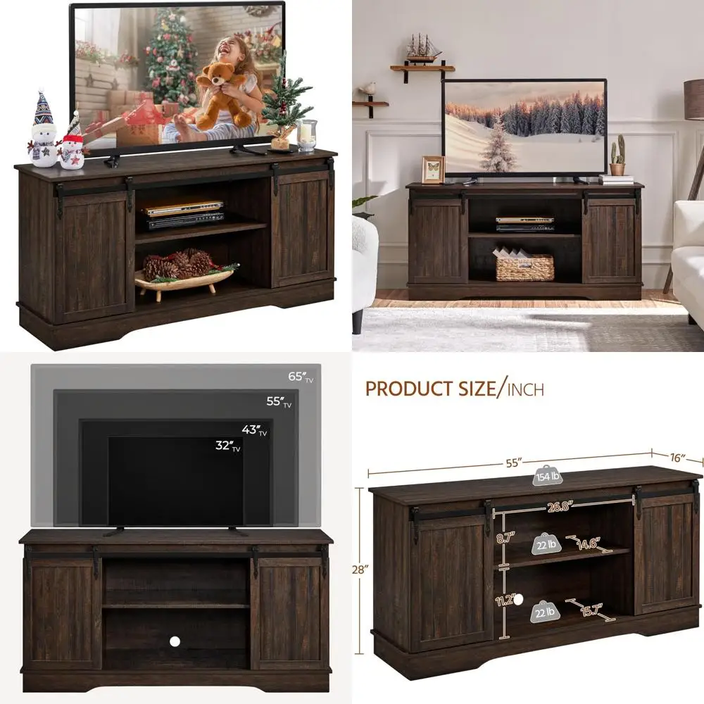 مركز ترفيه على طراز Farmhouse لأجهزة التلفاز حتى 65 بوصة، و58 طاولة وحدة تحكم مع أرفف قابلة للتعديل