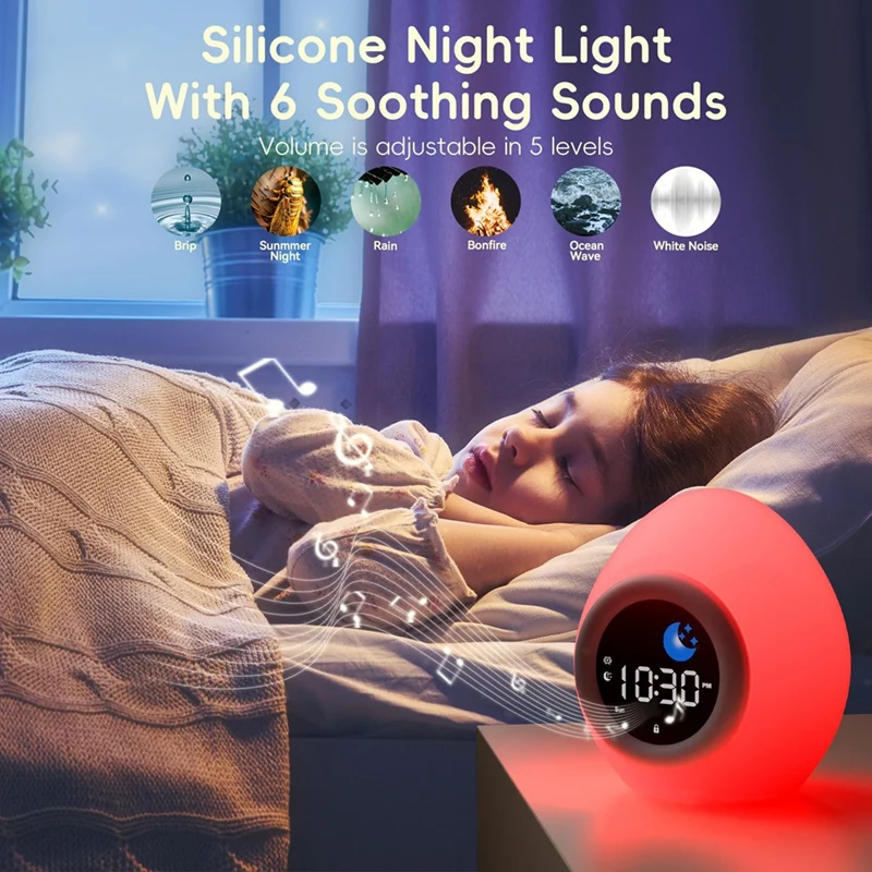 AT35 Alarm Clock For Kids Toddlers, Cute Touch Night Light With 6 White Noise Sound Machine, Ok To Wake Clock For Kids