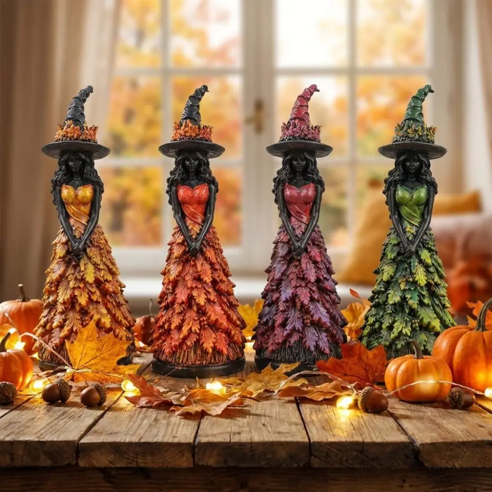 Vintage Autumn Witch Figurine Rustic Leaf Gown Leaf Witch Resin Ornament Whimsical Gothic Halloween