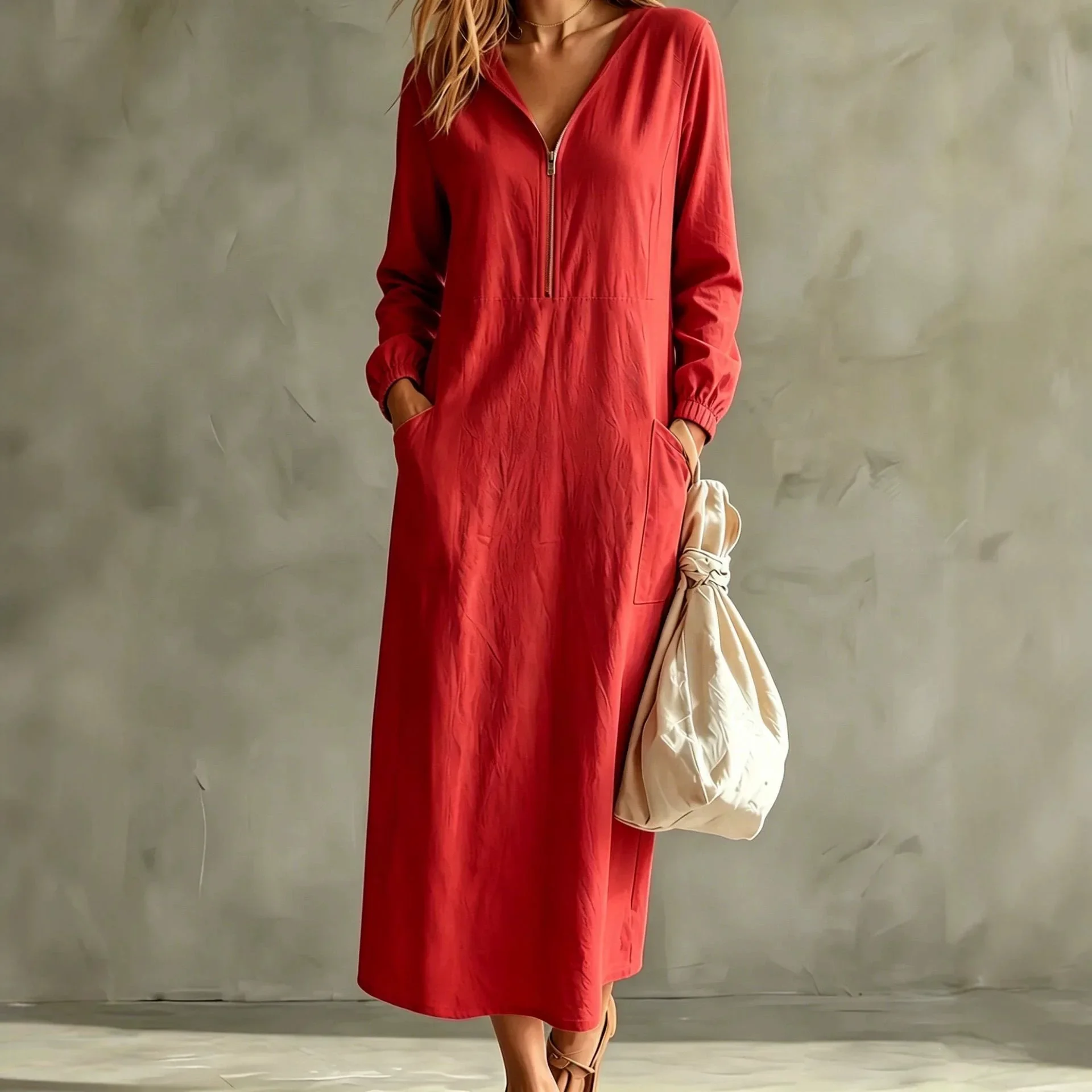 Greenora Laid-back Style Hooded Long Sleeve Cotton Linen Dress Drawstring Sleeve Holiday Mood Half Zipper Street Trend Loose Fit