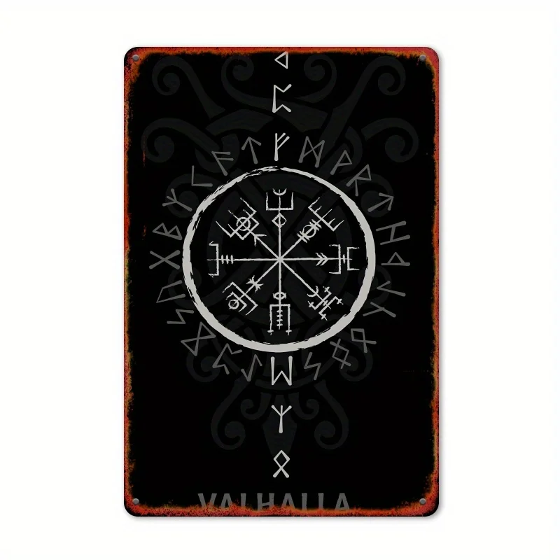 Vintage Viking Compass Metal Wall Art -  Iron Sign with Norse Runes for Home, Garage, Bar, Cafe Decor - Rustic Retro Style Poste