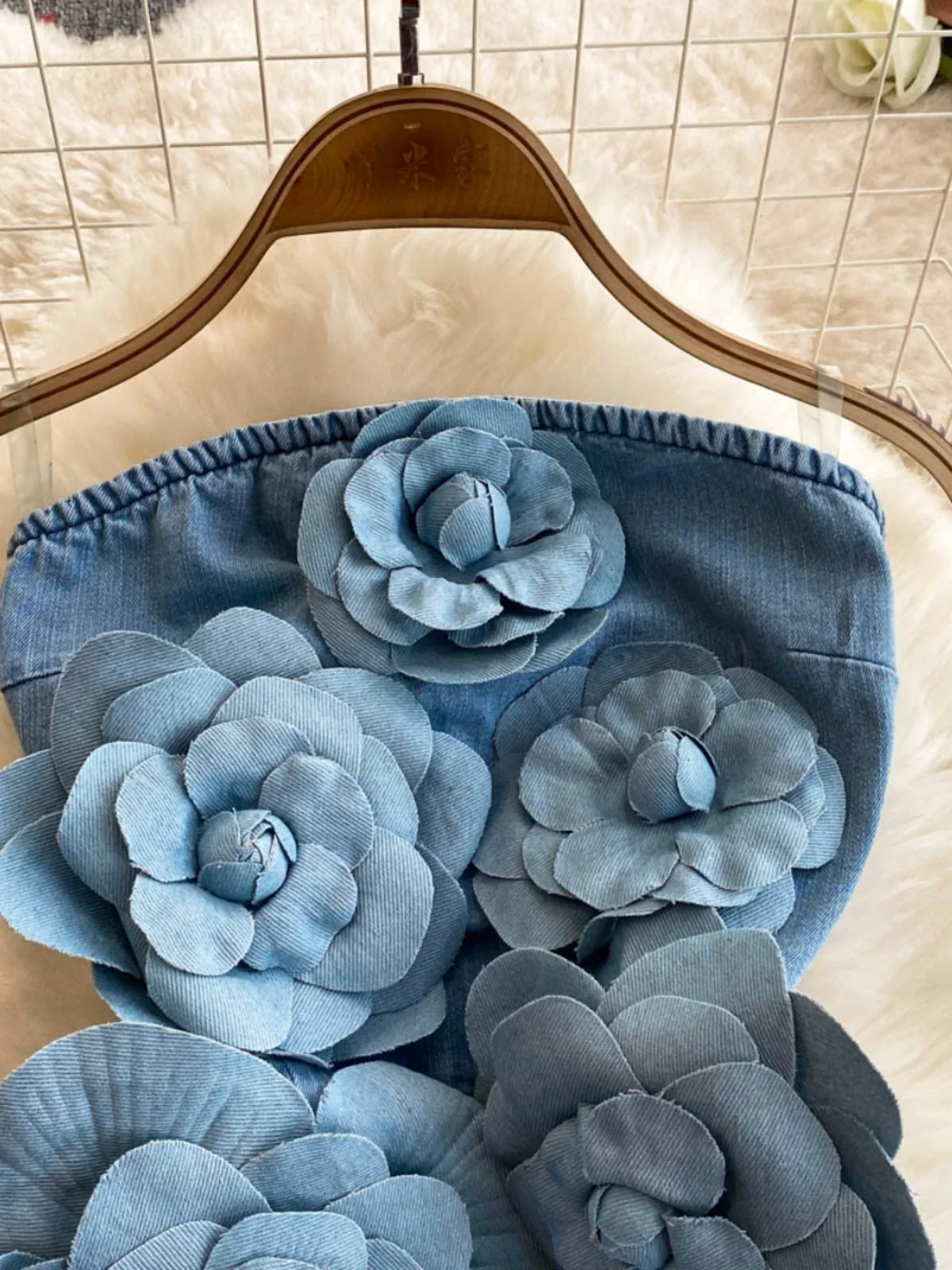 Premium Temperament Party Handmade Three-dimensional Big Flower Tube Top Dress High Waist Chic Denim Dress Summer 2025