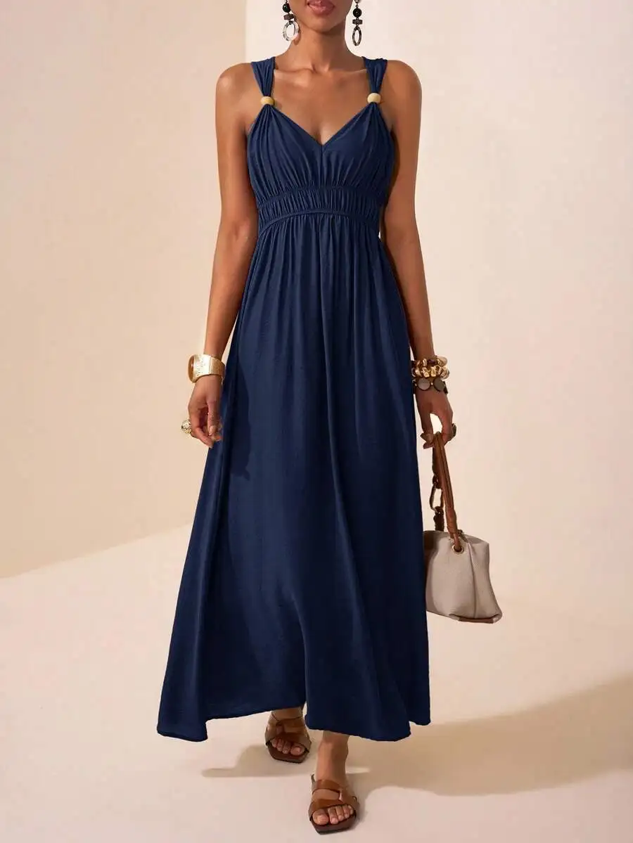 

Womens V-Neck Sleeveless Wooden Button Ruffle Waist Maxi Dress Boho Beach Vacation Casual