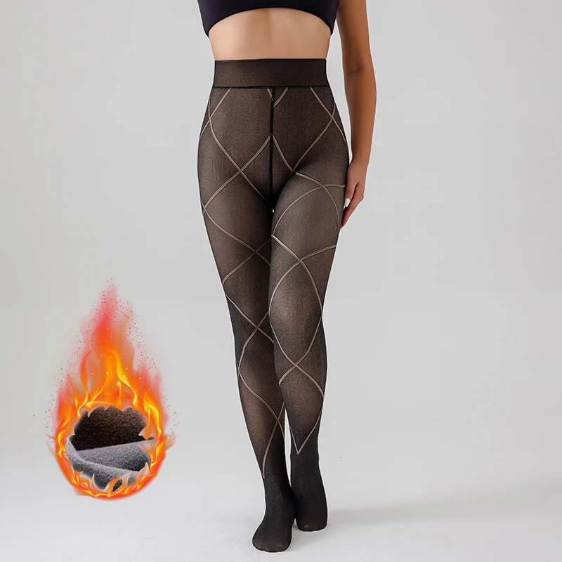 Large-grid jacquard black through-skin fleece-lined thick-walled slim-fitting undergarments for women, front and back seamless,