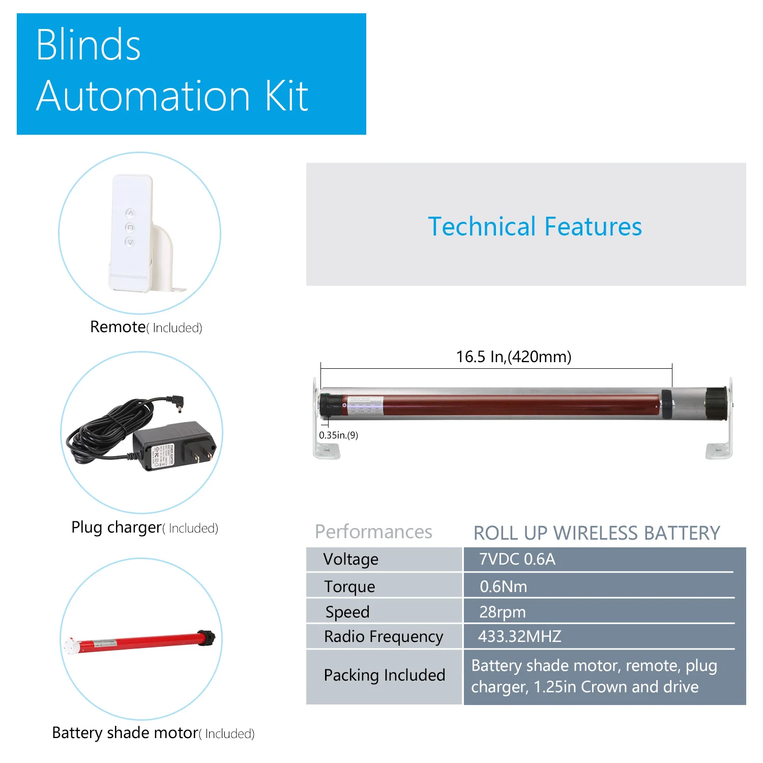 ERB25-Battery Roller Shade Motor Kit with Remote Control for 38mm Shades Tube, Plug Adapter DIY Solar Powered Smart Blinds