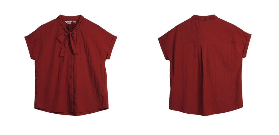 OLrain Women's Summer Shirt Elegant Vintage Red Pleated Tied Neck Short Sleeve Shirts & Blouse 2025 Ladies Tops O57XC98238
