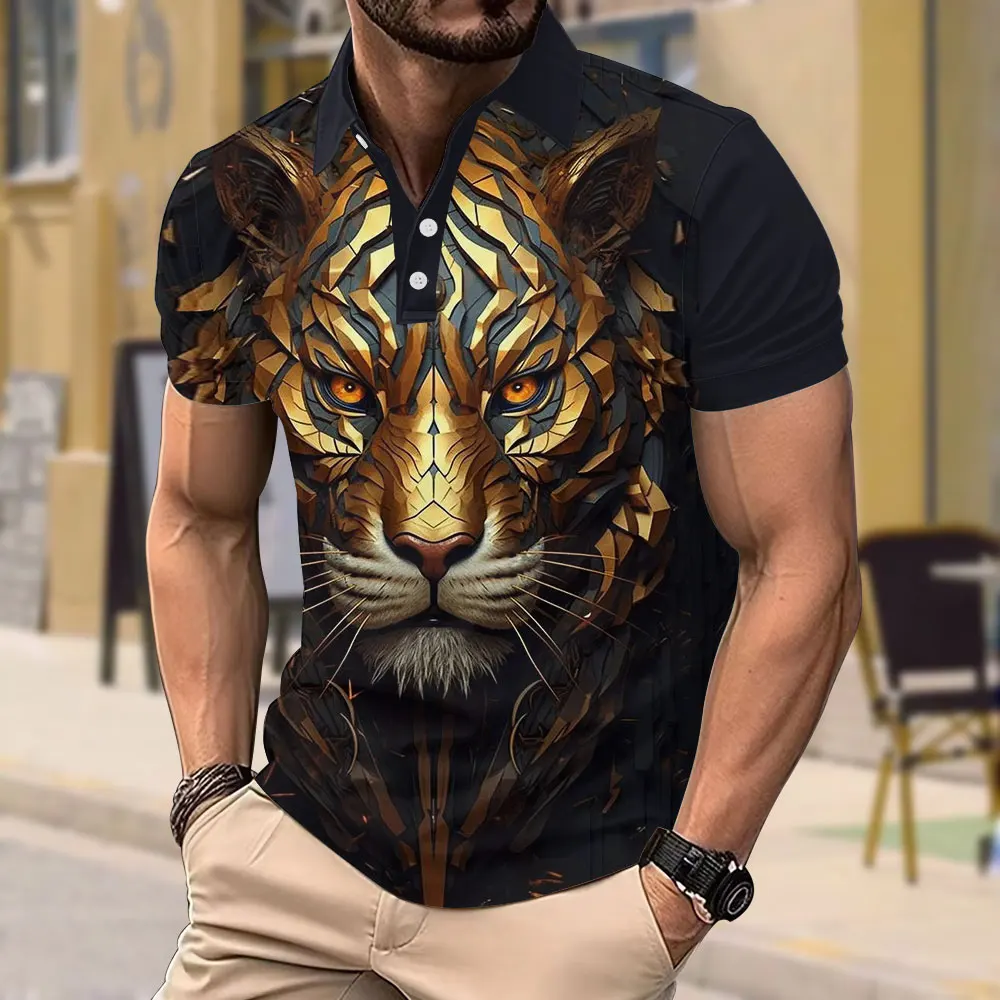 Nueva camisa Polo de verano para hombre, camisetas con estampado 3d de cabeza de tigre, Top informal holgado de manga corta, moda urbana, ropa de talla grande para hombre