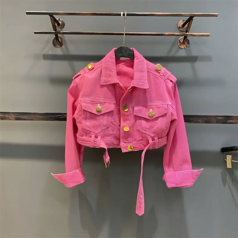 2-15 pink kids baby girls Jean jacket autumn solid color lapel metal button children fashion teenages girl short coat clothes