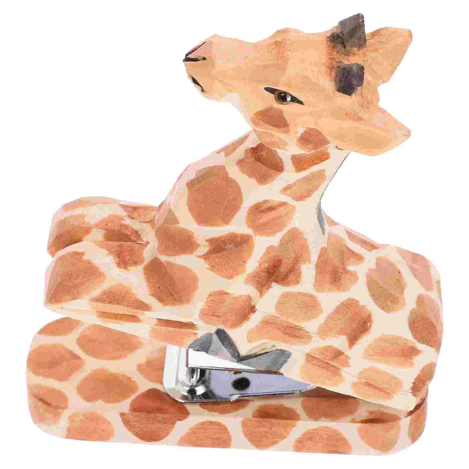 Wooden Animal Stapler Giraffe Desktop Stitcher Portable Hand Held Stapler Handmade Wood Carving Statue Sculpture Children