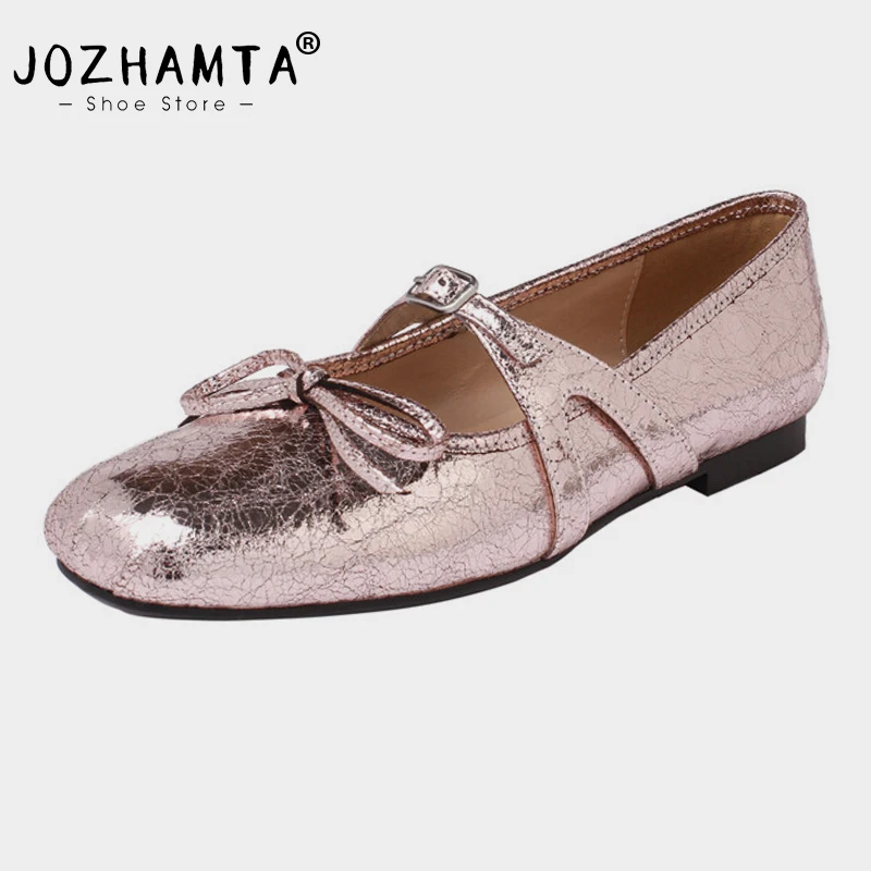 JOZHAMTA Size 34-40 Women Ballet Flats Shoes Real Leather Fashion Bow Buckle Strap Low Heels Shoes Ballerinas Daily Girls Dress