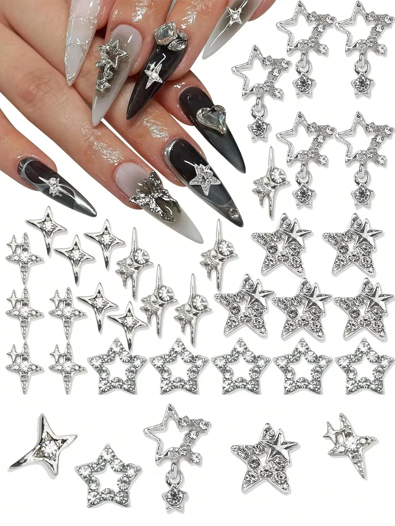

30pcs Silver Star Nail Art Decorations, Shiny 3D Star Nail Gems, Starry Nail Art Accessories, Y2K Style Decor, Suitable For Acrylic Nail Decoration, Nail Art Supplies Nails