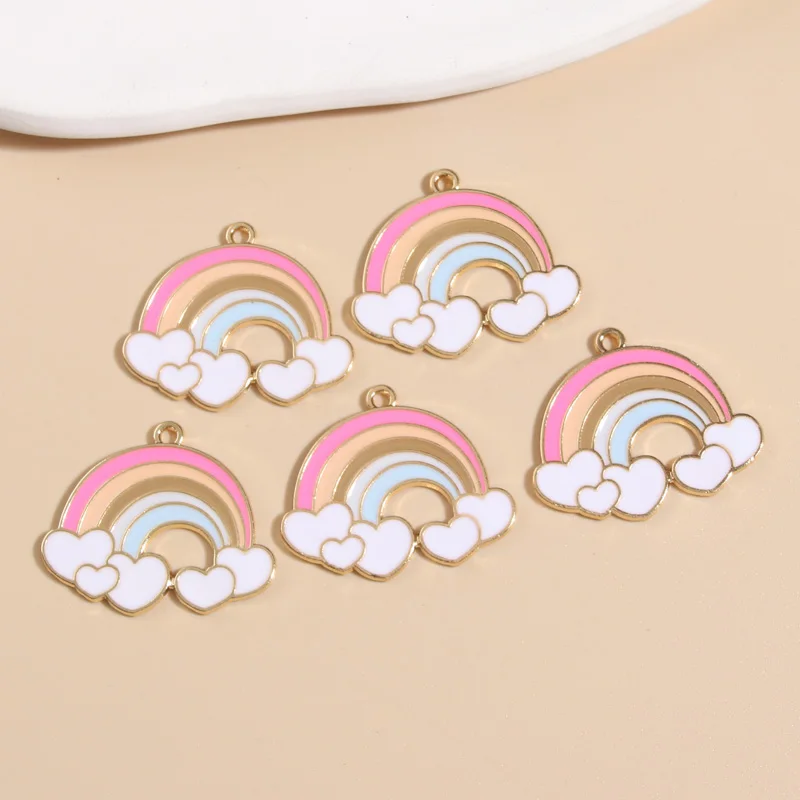 5pcs Gold Color 30x26mm Cartoon Enamel Heart Rainbow Charms Cloud Pendant Fit Necklaces Handmade Jewelry Making Finding Supplies