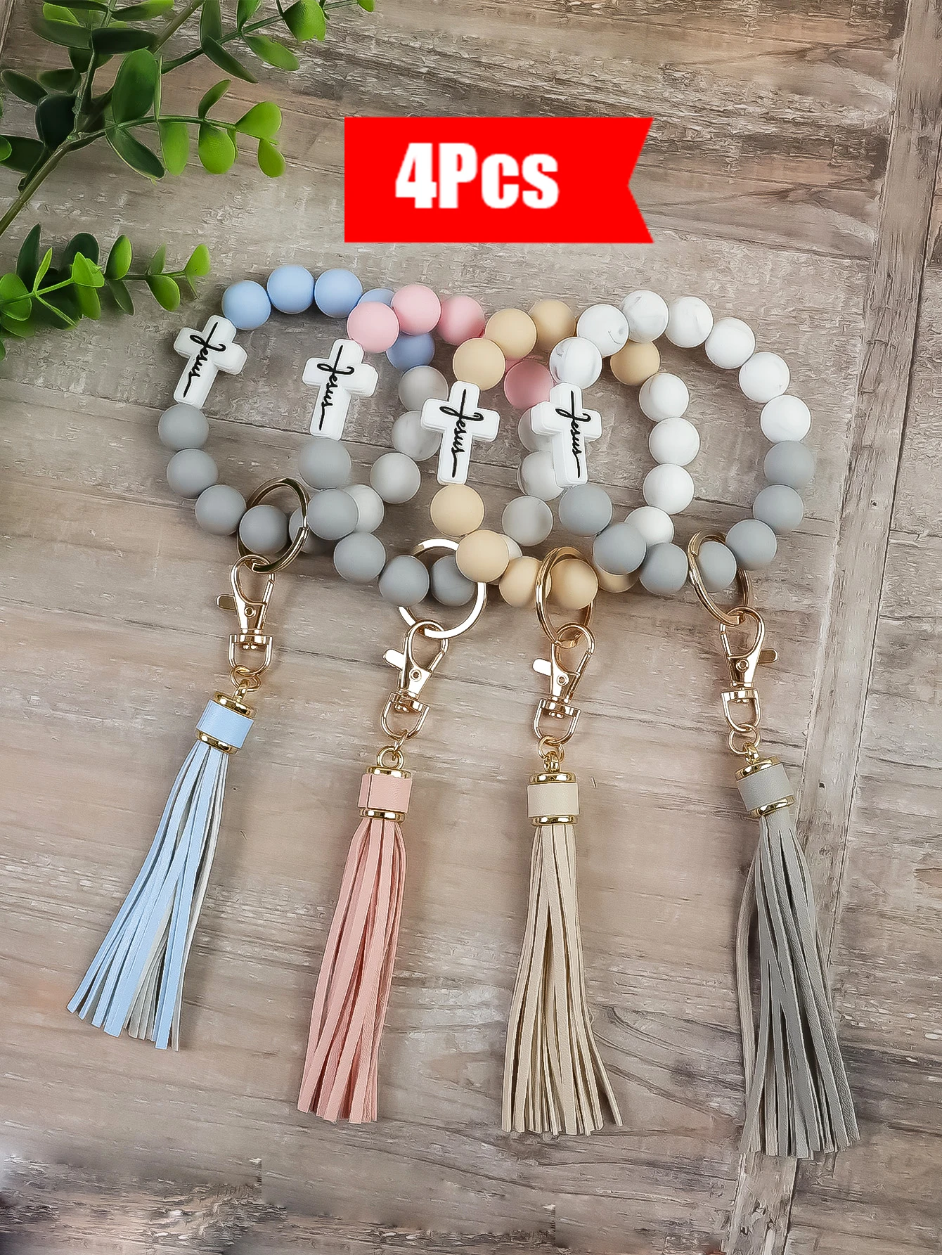 4-Piece Set of Faith Cross Beaded Bracelets, Keychains, Tassels, Fashionable Silicone Bracelets, Portable Keyring Bracelets, Women's Daily Accessories