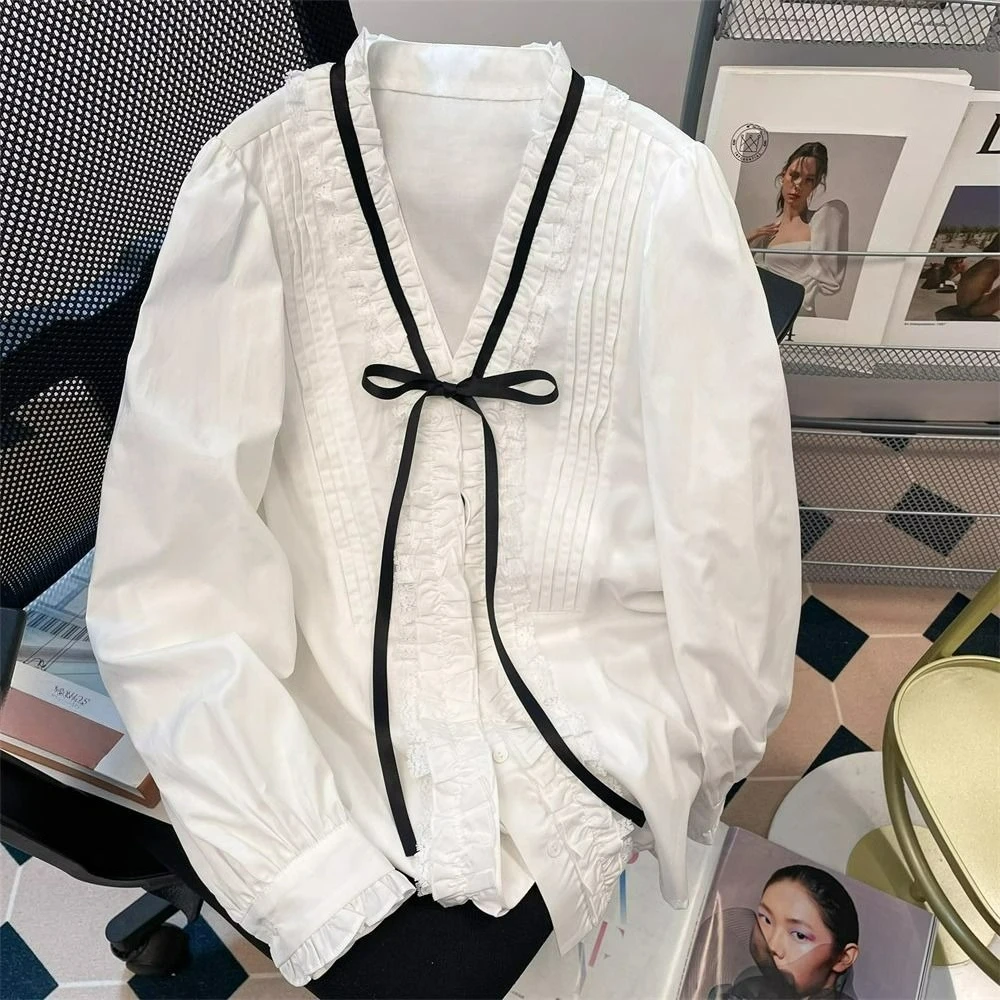 

French Style Bow Tie Tied V-neck Shirt for Women Fashion Pleating Niche Ruffle Edge Long Sleeved Top