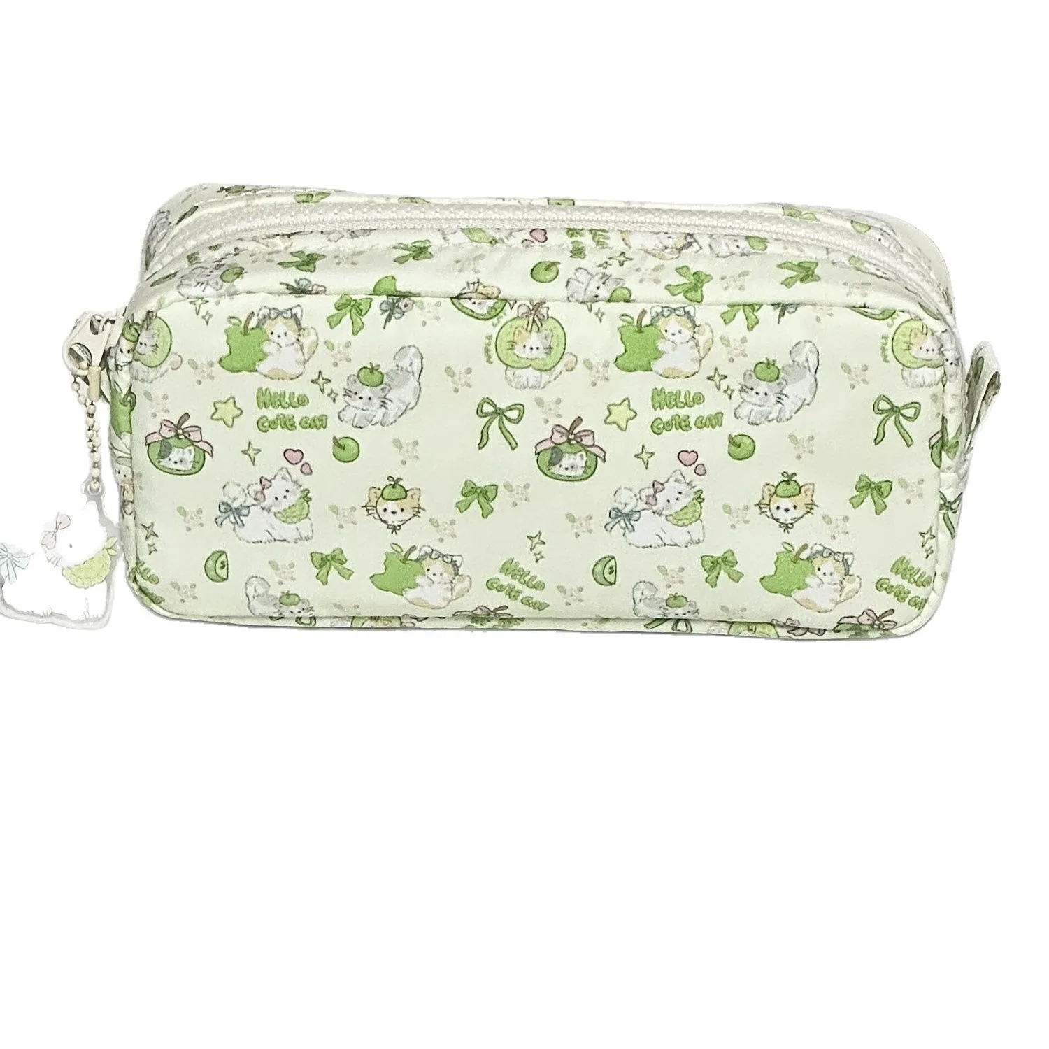 Green Apple Kitten Square Pencil Case - Ins-Style Fresh Green, High Aesthetic Value, Large Capacity, Multi-Layer Stationery