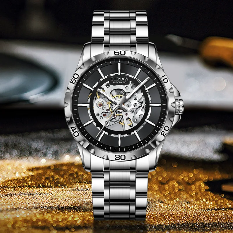 GLENAW-Relógio Automático Mecânico Impermeável Masculino, Relógios de Moda de Luxo para Homens