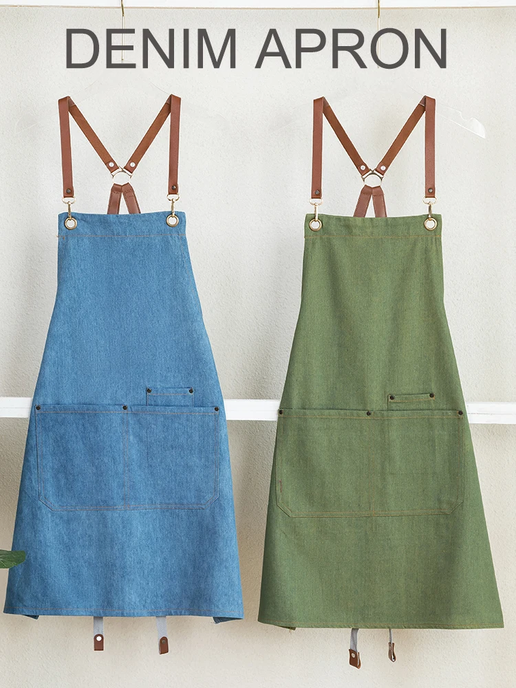 Kitchen Denim Apron With Pockets Coffee Room Men\'s Women\'s Aprons Restaurant Waiter Gardener Butcher Overalls Cleaning Products