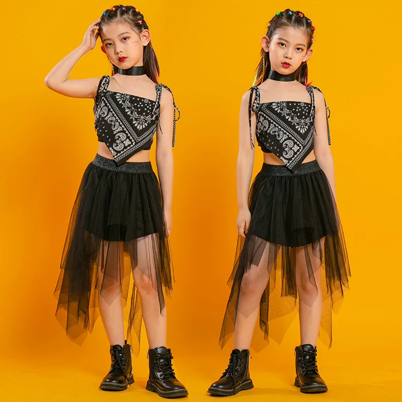 Traje de Hip Hop Punk para niñas, cuello cuadrado, manga abullonada, Camiseta corta, falda de malla plisada, pantalones para niños, traje de baile de Jazz, ropa de escenario para adolescentes