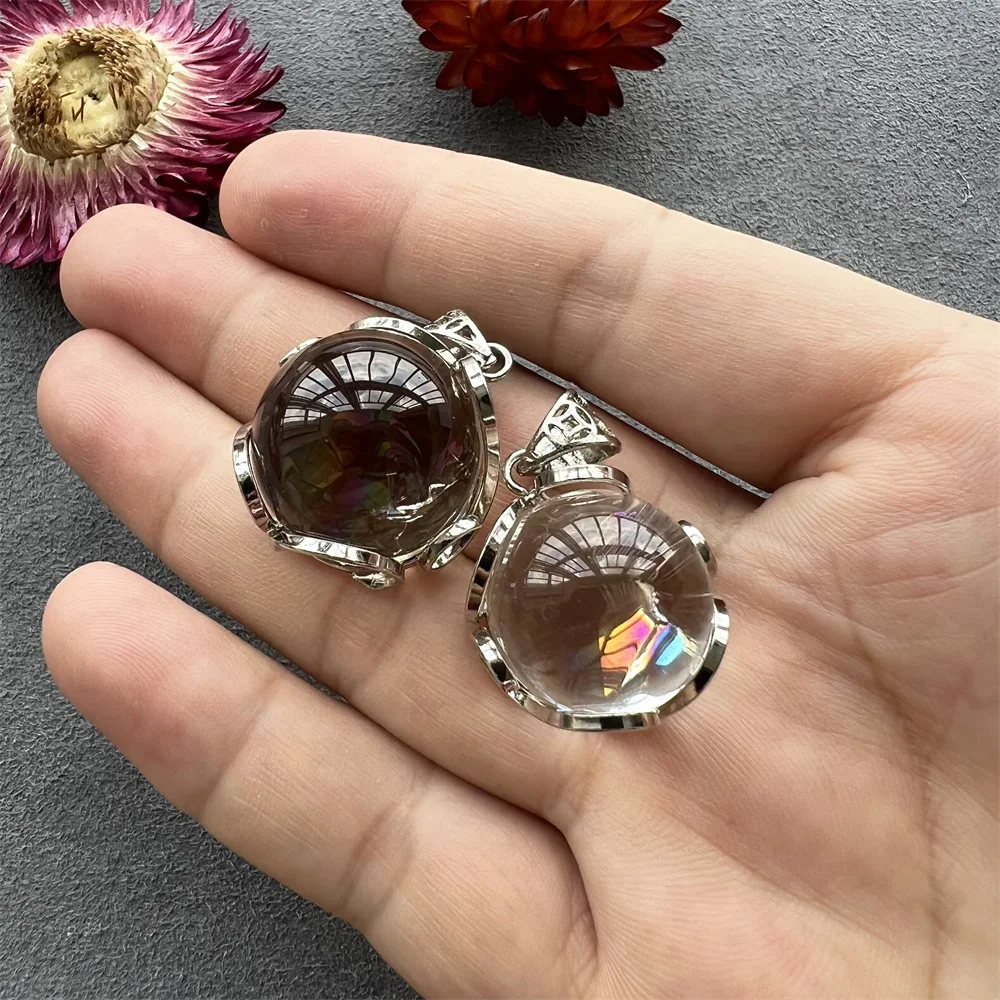 Clear Quartz Rainbow Sphere Pendant, Healing Crystal Stone Rainbow Ball Charm for Necklace Making