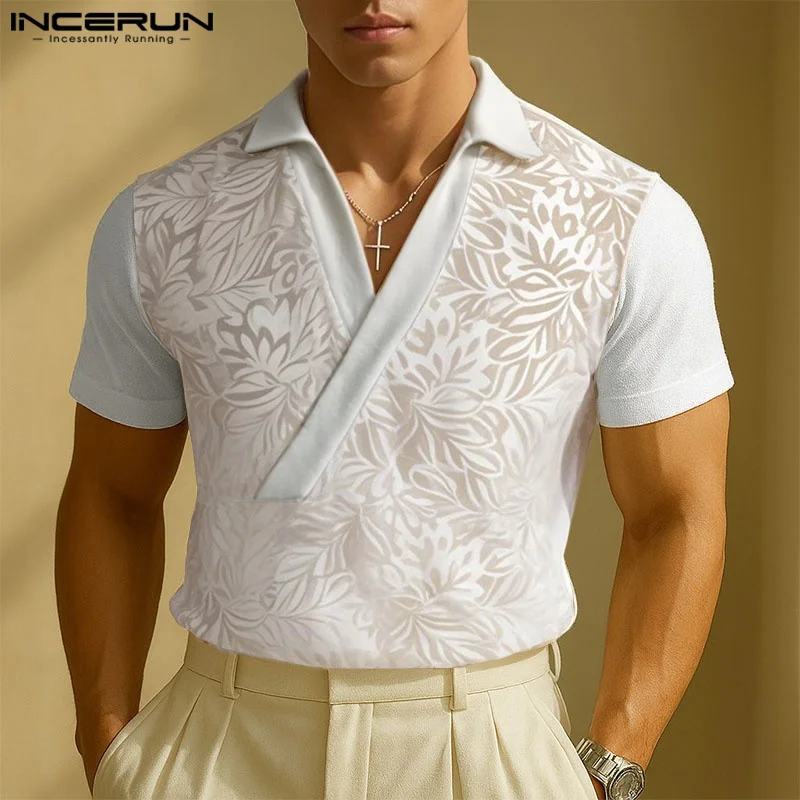 

INCERUN Мужская рубашка с кружевными лоскутными лацканами и коротким рукавом, повседневная мужская одежда, уличная одежда, лето 2025 г., прозрачные модные мужские рубашки