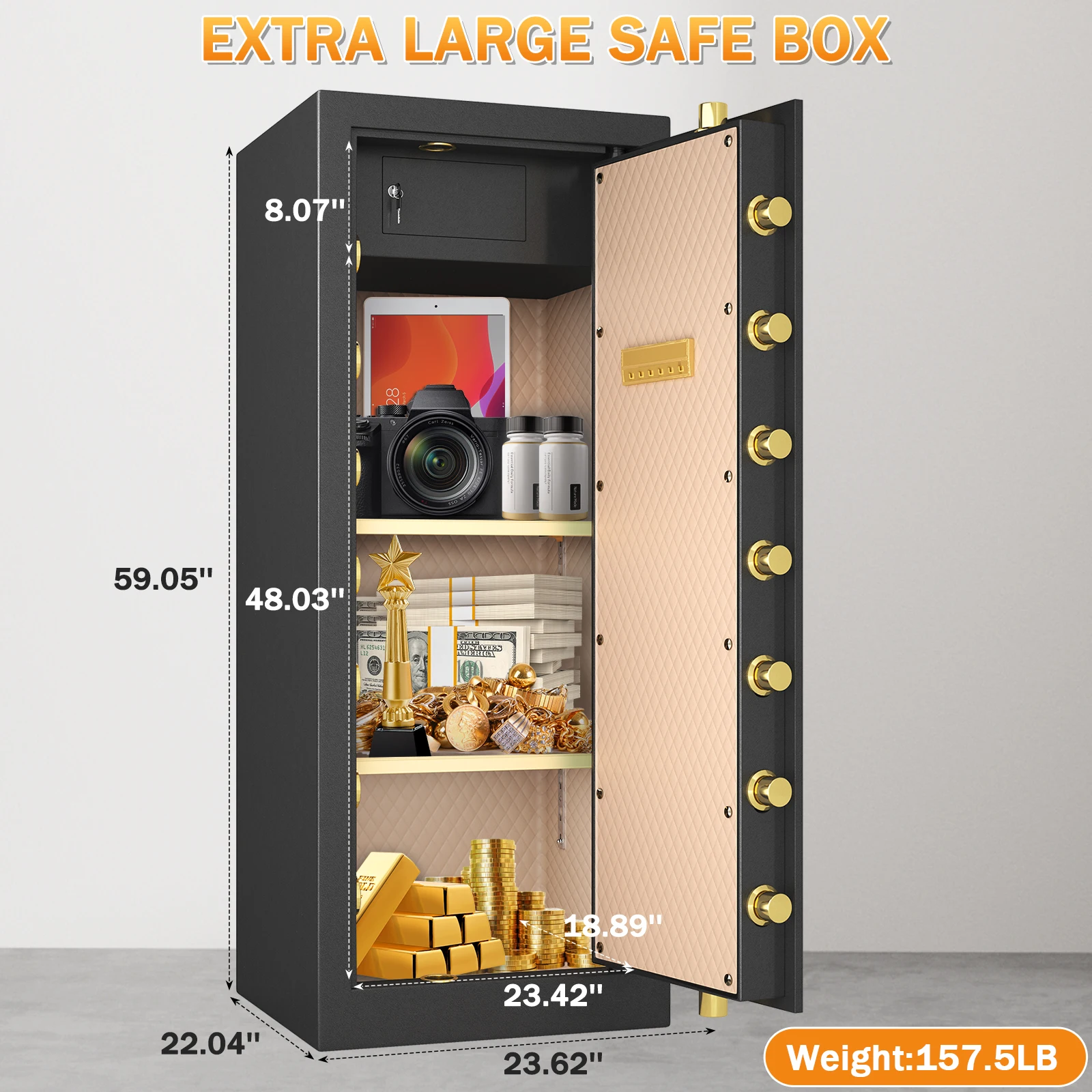 59.05'' Extra Large Safe Box, 17.3 Cubic Feet Heavy Duty Big Safe with Security Double Key Lock & Seperate Lock Box for Document
