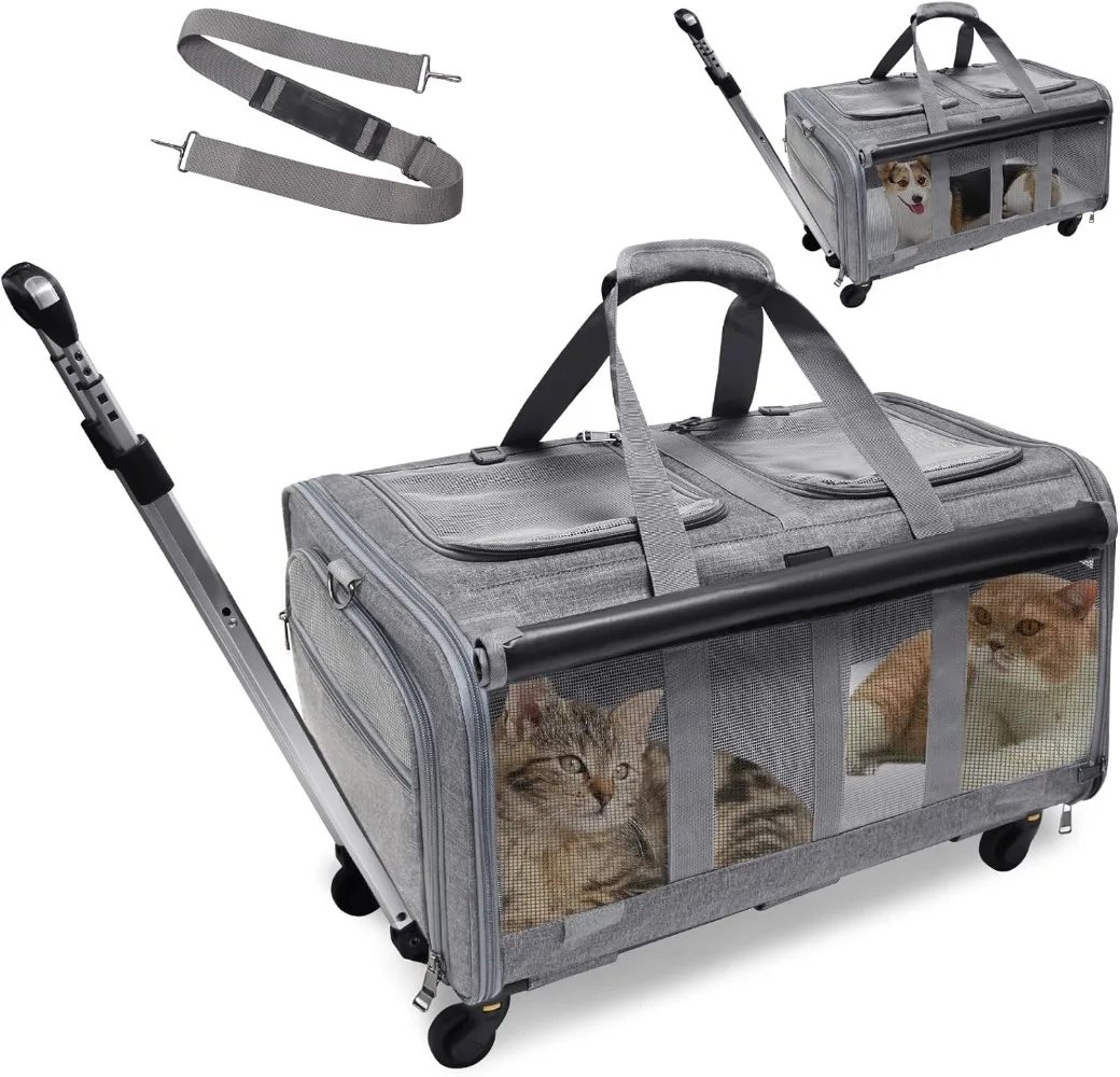 

Rolling Cat Cage for Cats Holds 2 Cats Double Compartment with Wheels Pet Rolling Holds 2 Pets Super Ventilated Design