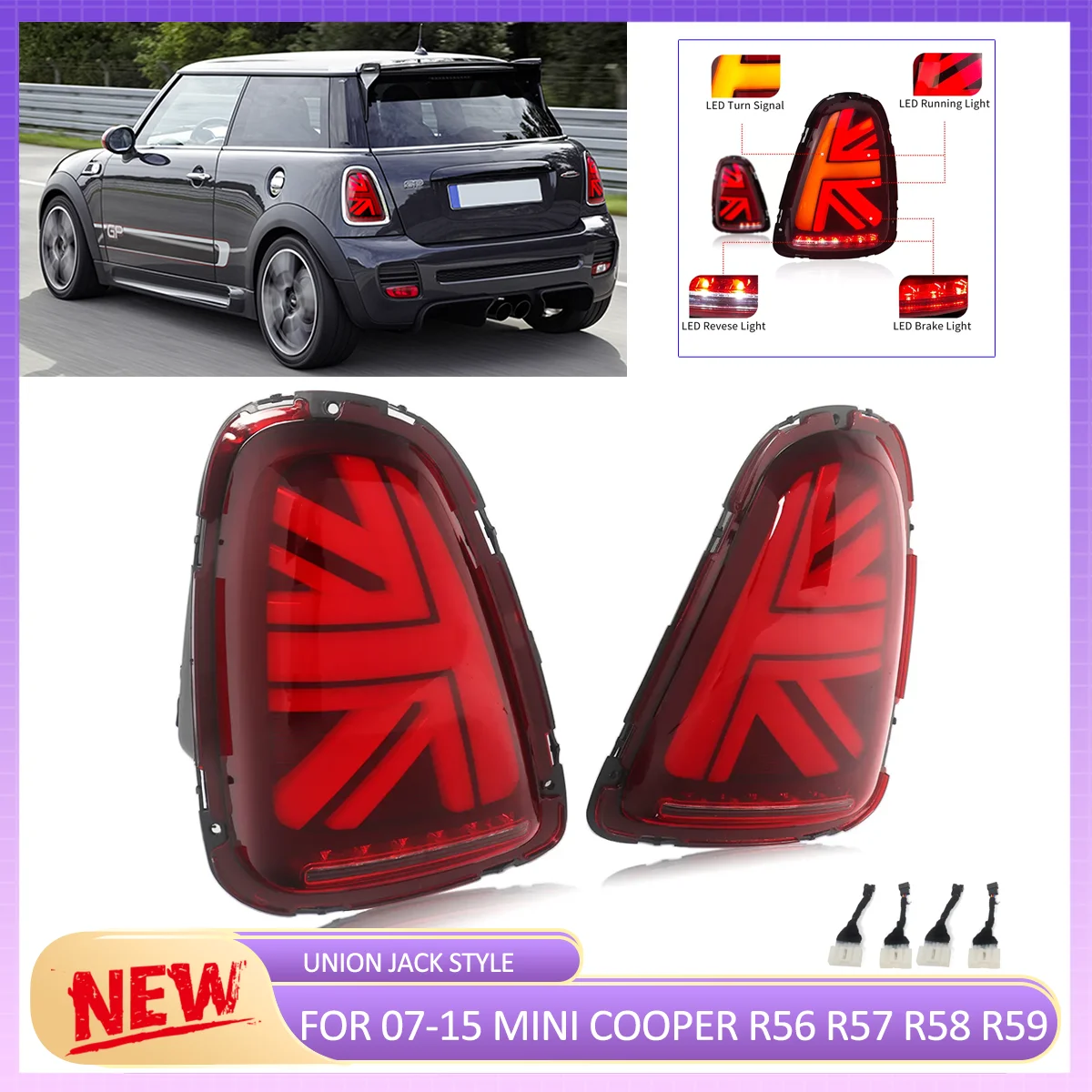 For Mini Cooper R56 R57 R58 R59 2007-2013 LED Tail Lights Red Lens with Sequential Turn Signal Function Dynamic Signal