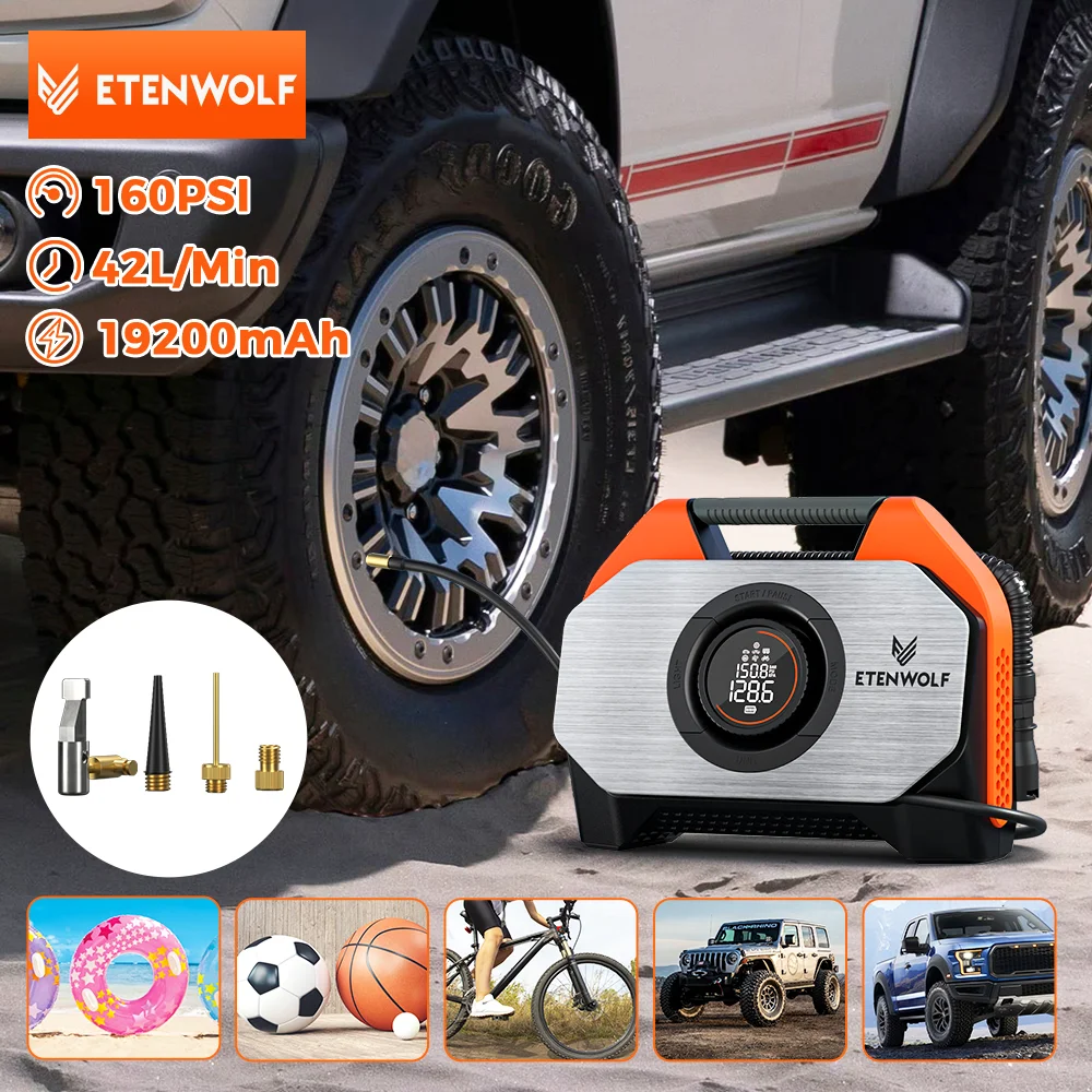 ETENWOLF VORTEX S6 Portable Air Compressor 100% Duty Cycle & Dual Cylinder 19200 mAh Car Tire Inflator Bicycle pump Air pump