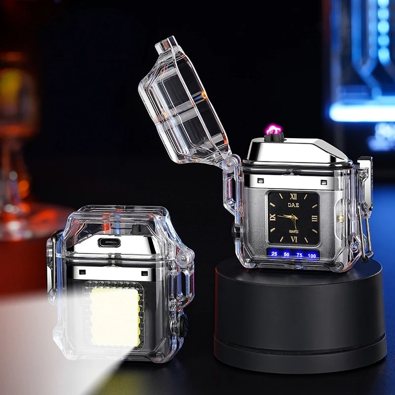 Transparent Shell Mini Keychain Waterproof Double Arc Flameless Lighter Outdoor Multifunctional Flashlight Cigarette Accessories