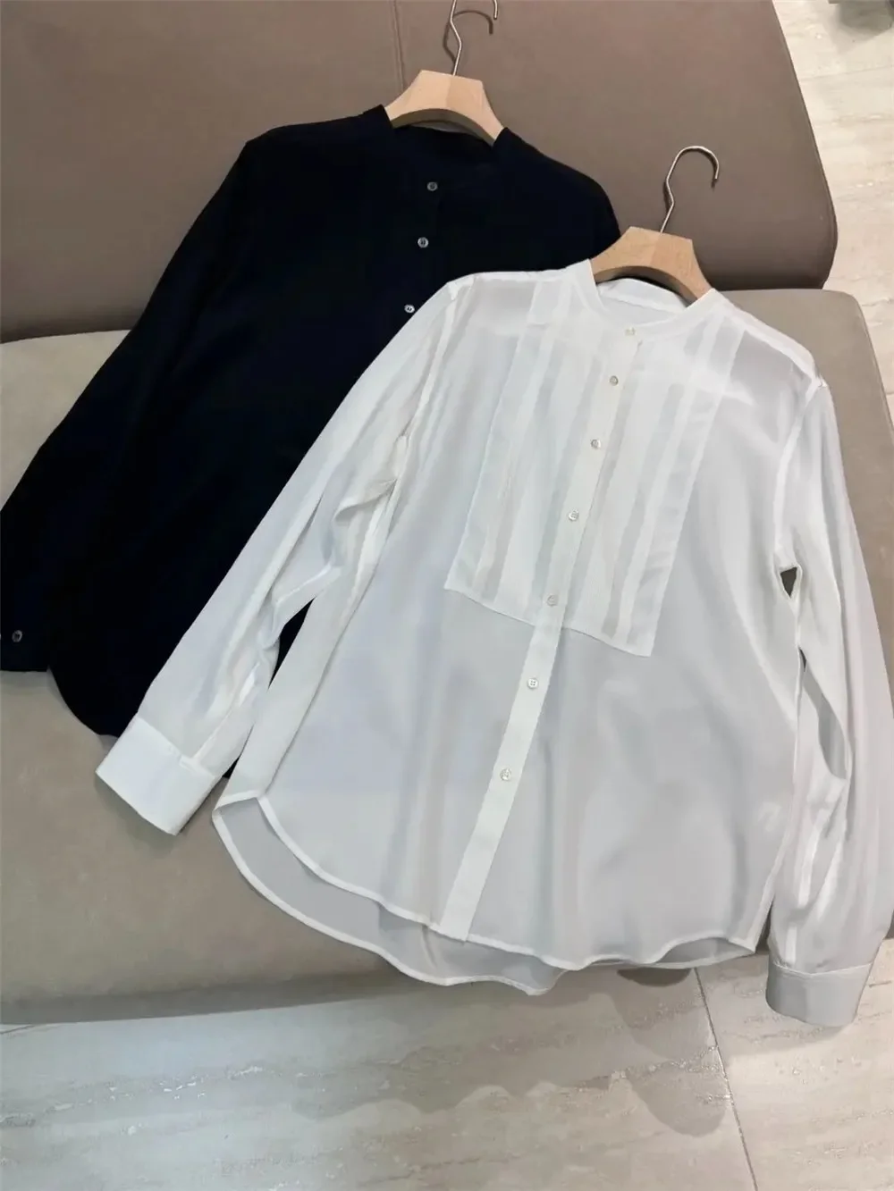 Spring 2025 Women's Black or White Shirt Round Neck Long Sleeve Single Breasted Casual Thin Blouse