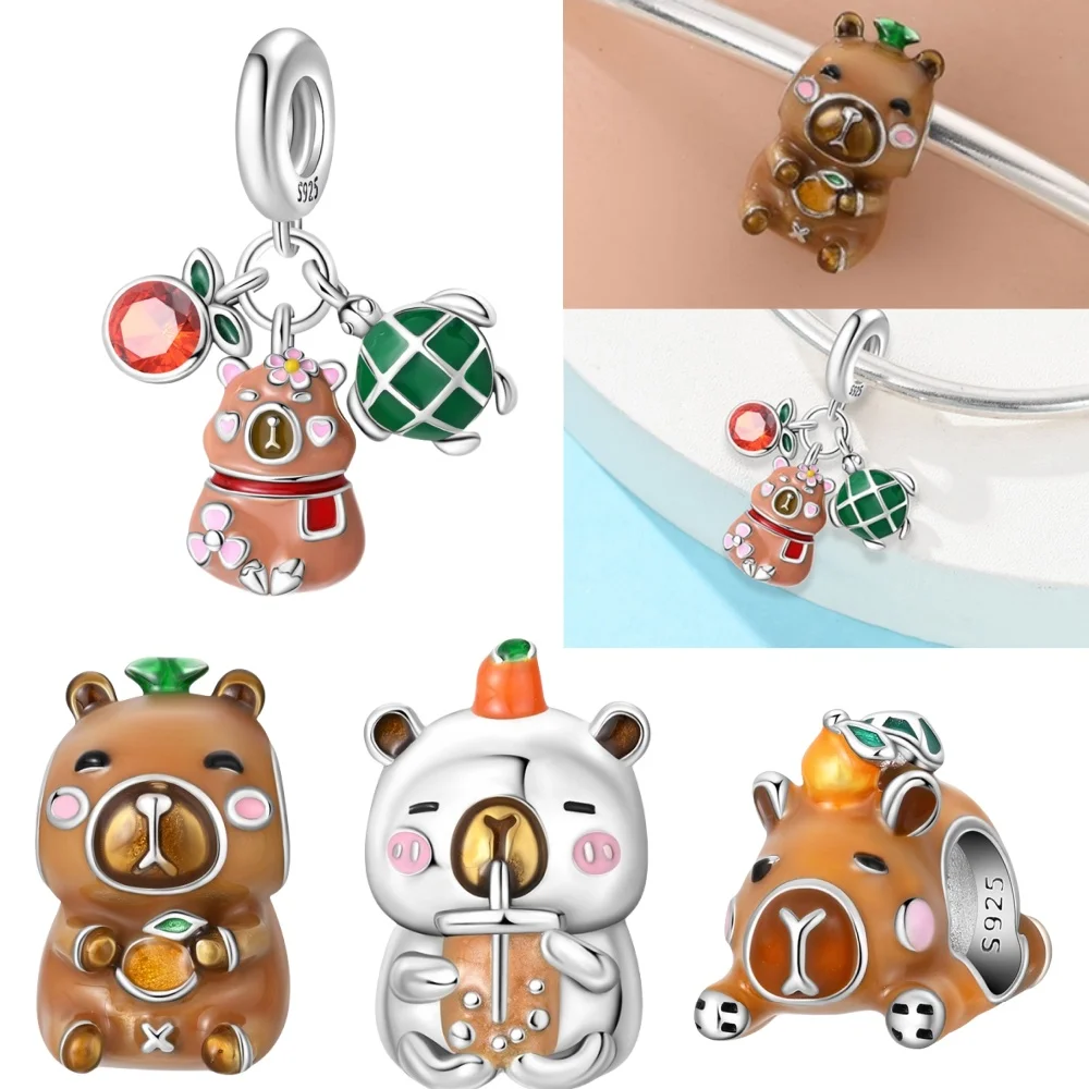 

925 Silver Cute Pet Animal Capybara Couples Charms Beads Fit DIY Bracelet Necklace Women Anniversary Jewlery Gift Making