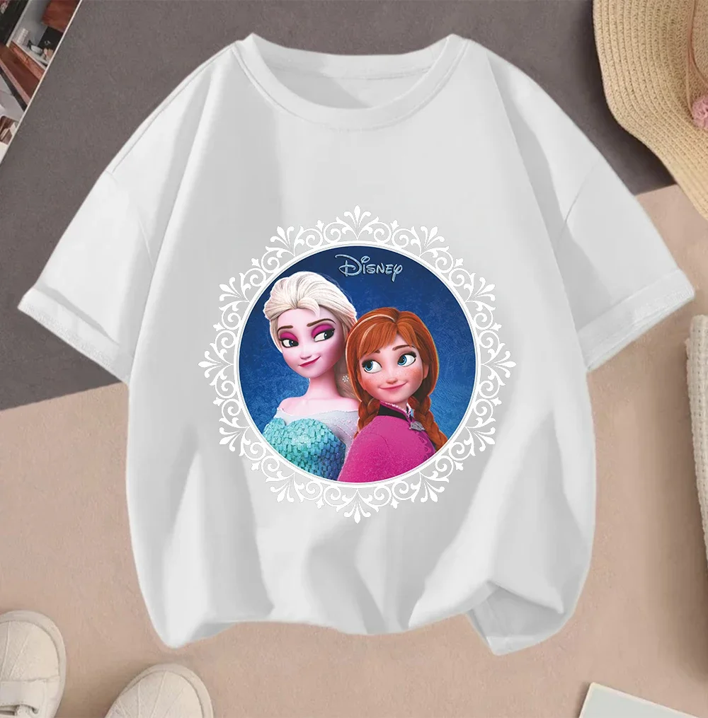 

Футболка в уличном стиле Frozen Street Style, летняя, с милым принтом Kawaii, для мальчиков и девочек, детский повседневный топ